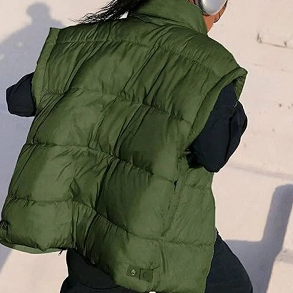 Army Green Casual Women's stand collar Sleeveless Quilted Puffer Vest Jacket